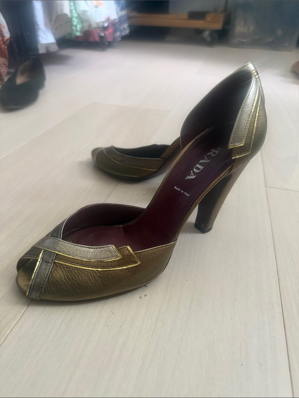 Prada Gold Metallic Peep-Toe Pumps